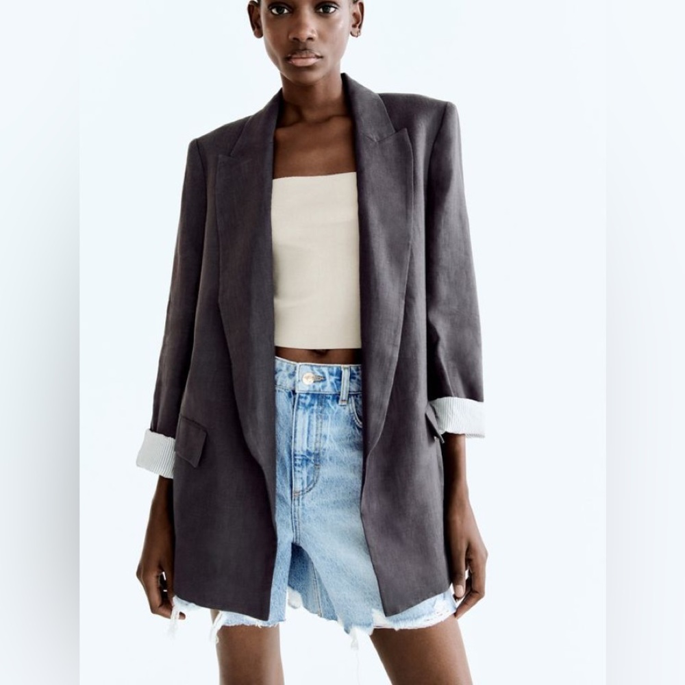 ZARA LINEN BLAZER WITH PRINTED SLEEVES